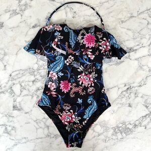 NWOT Seafolly black pink floral ruffle convertible strapless one piece size 4